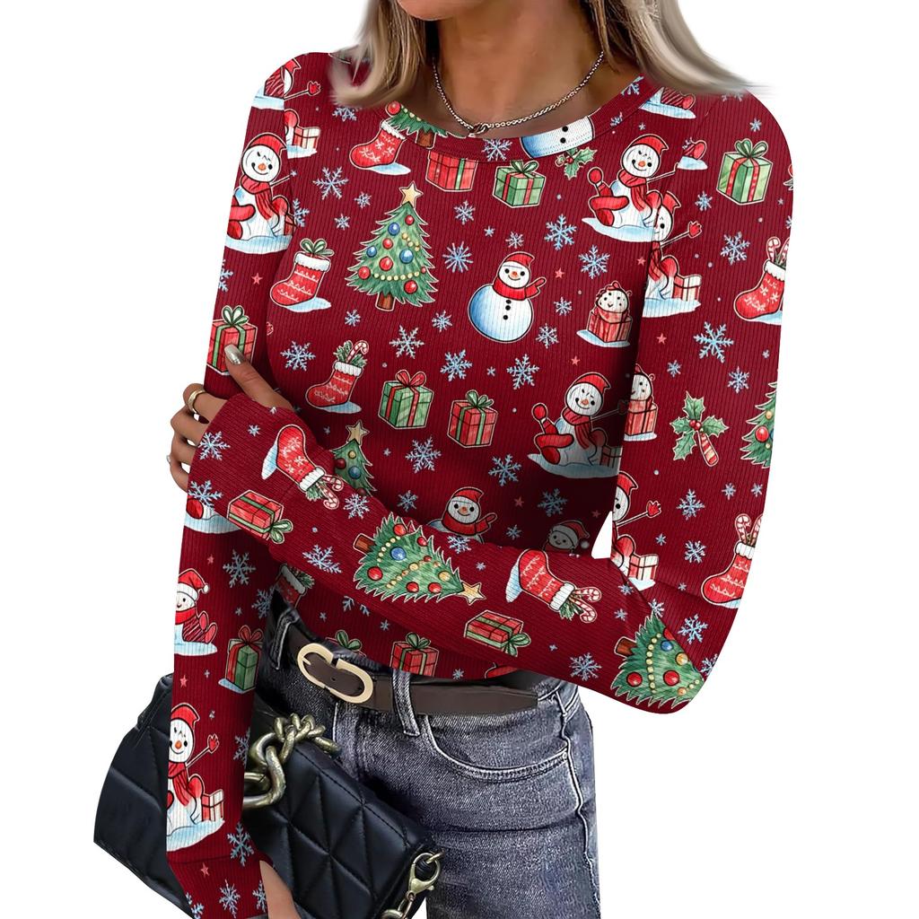 Women's Slim Fit Long Sleeve Base Layer T-Shirt with Christmas Print, Neck Pullover Top with Thumb Holes