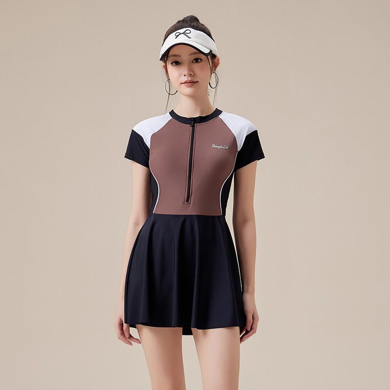 

Sportful One-piece Swimsuit Women s Short-sleeved Zipper Hot Skirt Belly-covering Slimming Large Size Swimming Suit XL чёрный