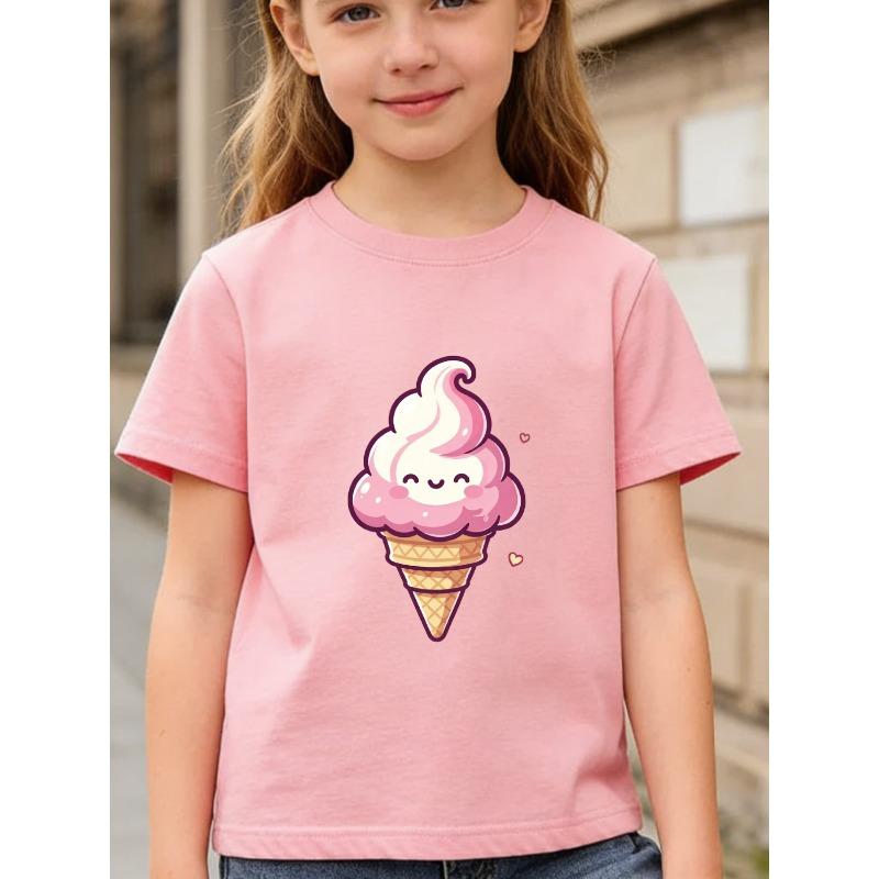 European sizes Girl's Round Neck T-Shirt with Cute Ice Cream Print, Casual, Comfortable, and Versatile, a Must-Have Summer Fun Gift