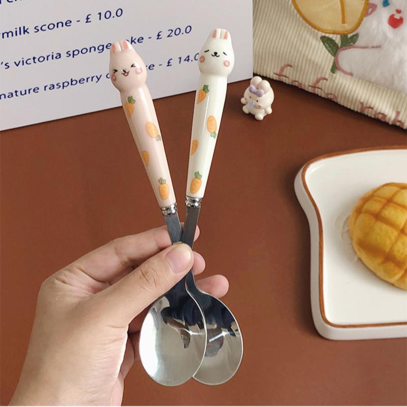 Stainless Steel Cartoon Knife Fork Spoon Kitchen Dinnerware Animals Glossy Ceramic Handle Set With Box For Dessert Steak