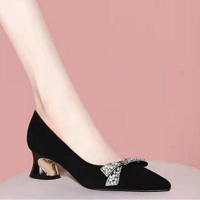 Women's Summer Footwear Diamond Shoes for Woman 2024 Evening with Bow Black Pointed Toe Rhinestone Crystals Medium Heels Fashion