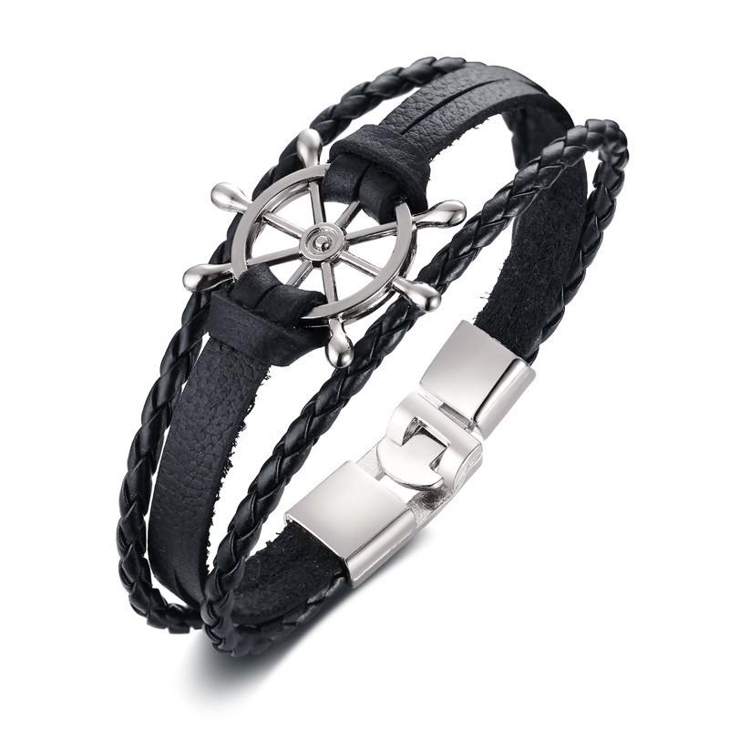 Vnox Mens Vintage Rudder Charm Bracelets Multi-layer Leather Rope Chain Wrist Bangles Jewelry