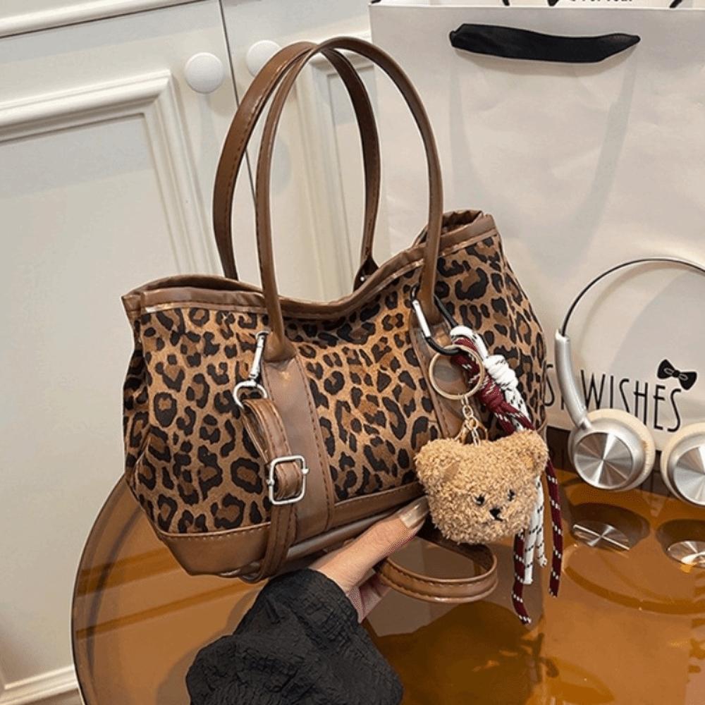

Retro Faux Suede Tote Bag Plush Ladies Bucket Shoulder Bag Leopard Print Crossbody Bag Commuting Brown With Pendant