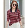 New Striped Polo Shirt Plus Size Women's Autumn Long Sleeve Base Korean Style Casual Ladies T-Shirt Age-Reducing Top Turn-Down Collar