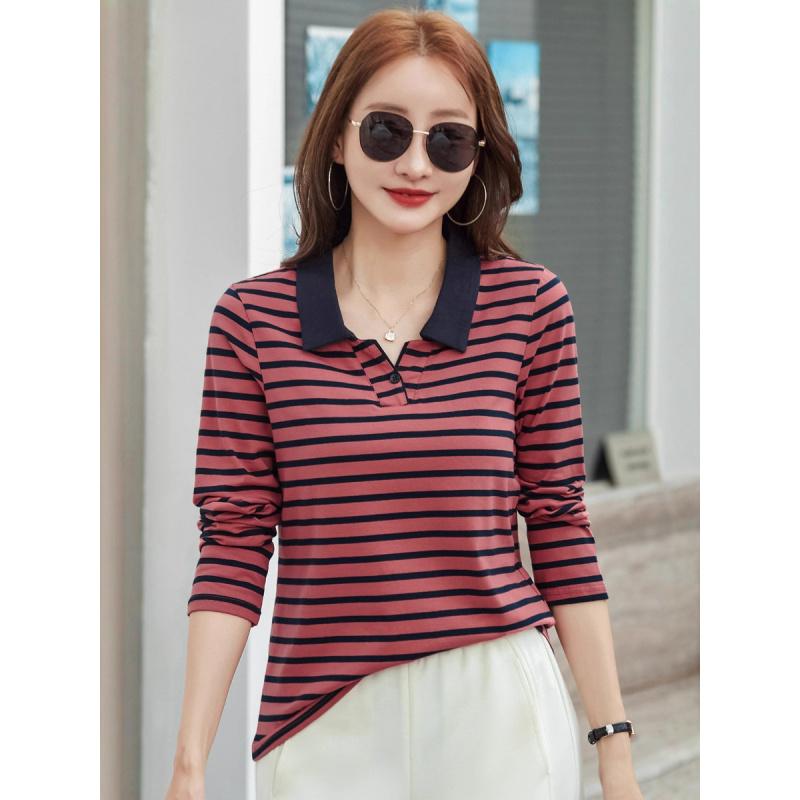 New Striped Polo Shirt Plus Size Women's Autumn Long Sleeve Base Korean Style Casual Ladies T-Shirt Age-Reducing Top Turn-Down Collar
