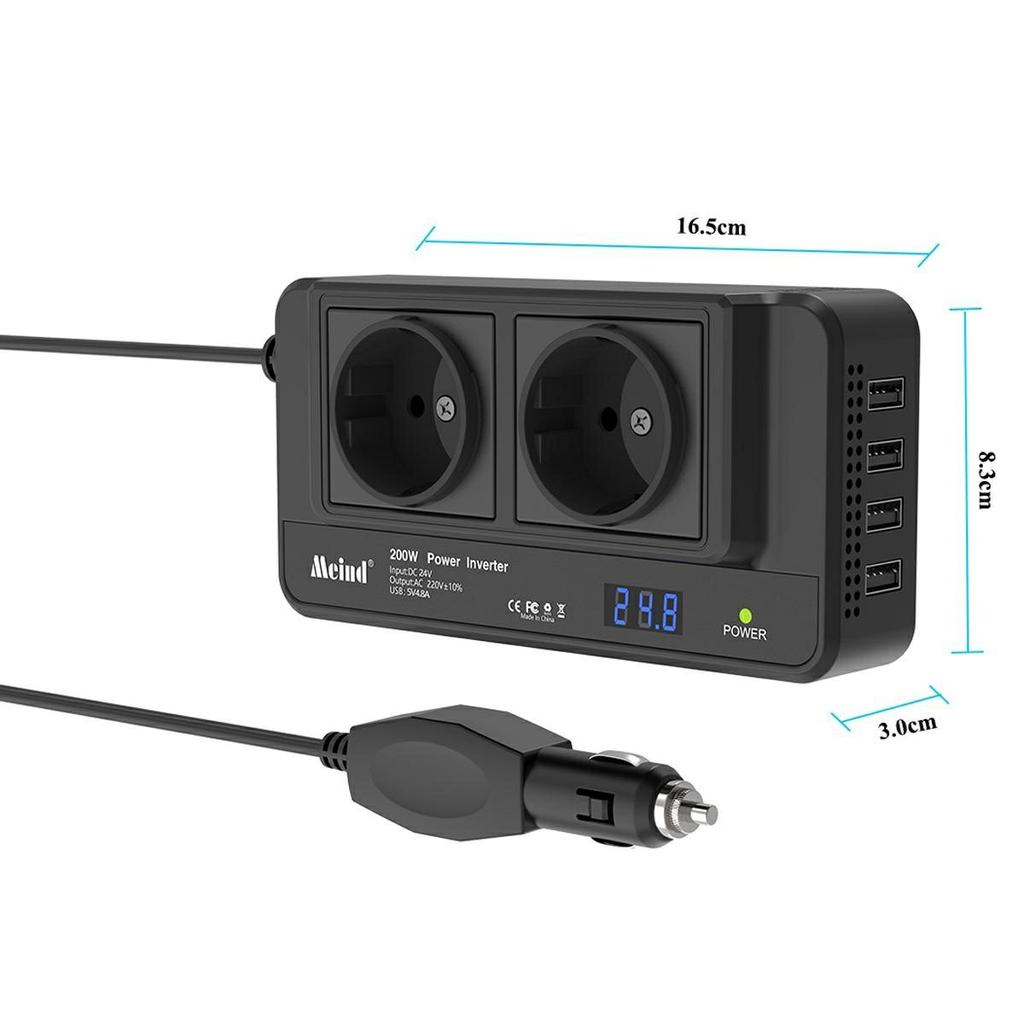 MEIND M8300 24V to 220V High Power 200W Car Inverter with Dual EU Power Socket + 4 USB Ports
