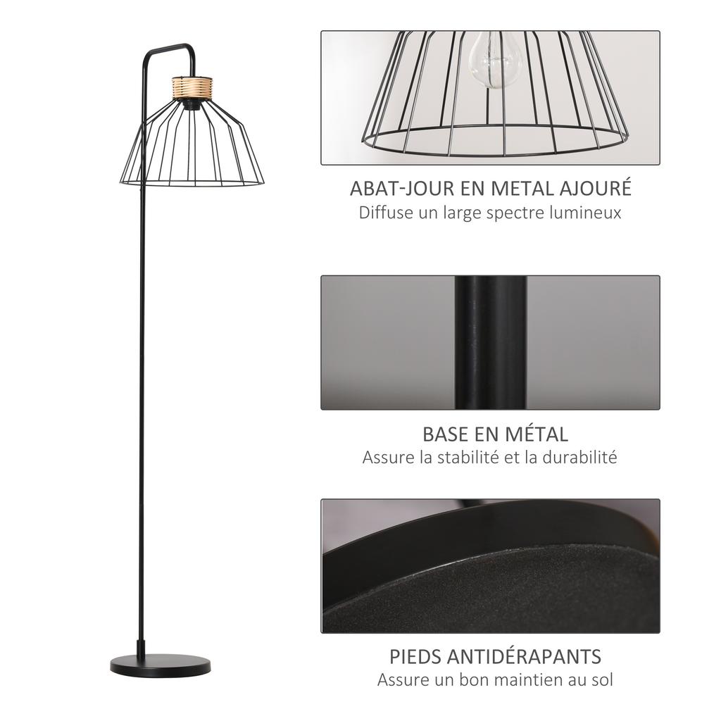 Floor Lamp Elegant Design Metal Standing Lamp with Rattan Decoration Ideal for Home Office Restaurant and Café 44 x 34 x 154 cm Black