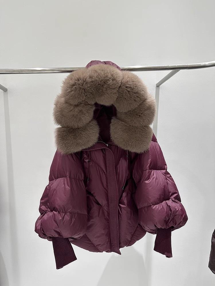 European winter new raccoon big fur collar hooded down jacket women's medium and long thickened warm knitted sleeve jacket
