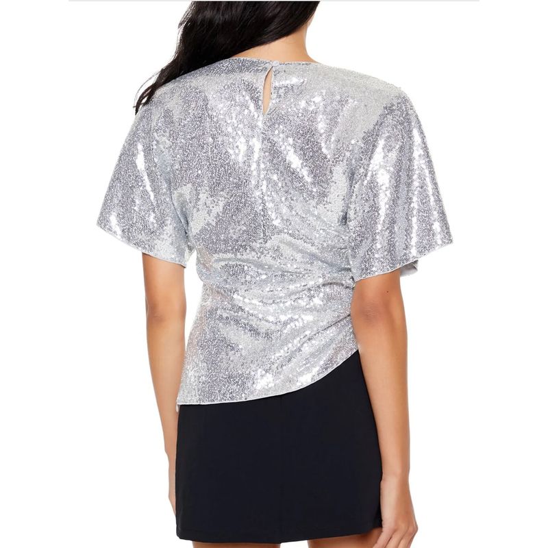Foreign Trade Order F * 21 L.G.S.P Style Silver Sequined Batwing Sleeve Waist Hugging Irregular Temperament Top