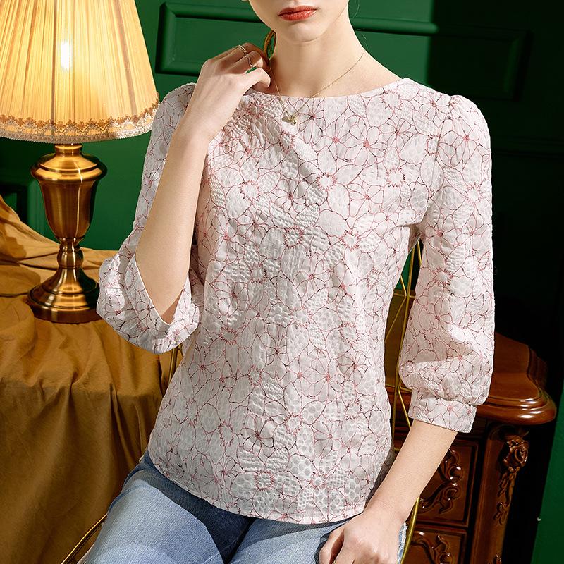 

Летний женский шифоновый топ с цветочным принтом, рукав семь восьмых, круглый вырез, свободный крой S красный