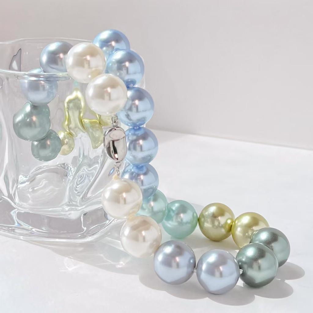Vintage 16Mm Large Granular High Quality Blue Grey Green Artificial Crystal Pearl Necklace Clavicle