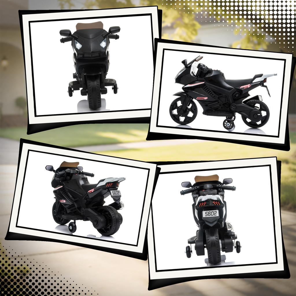 Children's Electric Motorcycle, 6V Battery-powered Motorcycle with Light and Sound Effects, Training Wheels, 75x36x49cm, Black