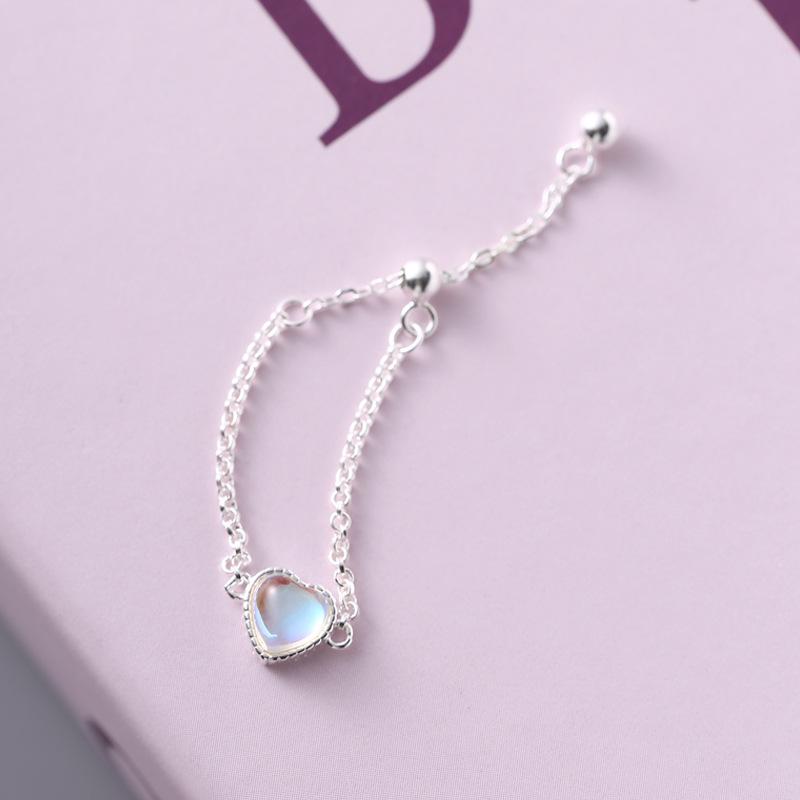 925 Sterling Silver Heart Moonstone Ring for Women - Simple Oval Naked Chain Index Finger Ring