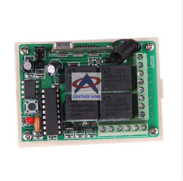 DC 12V 4-Way Remote Control Switch with Butterfly 4-Key Controller, featuring Jog, Self-Locking, and Interlocking functions.