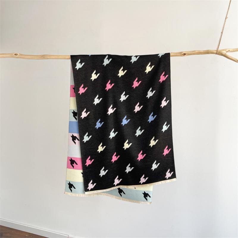 

Winter warm fashion high sense age reduction scarf double-sided printing color thousand birds grid imitation cashmere shawl scarf women 180x65cm чёрный