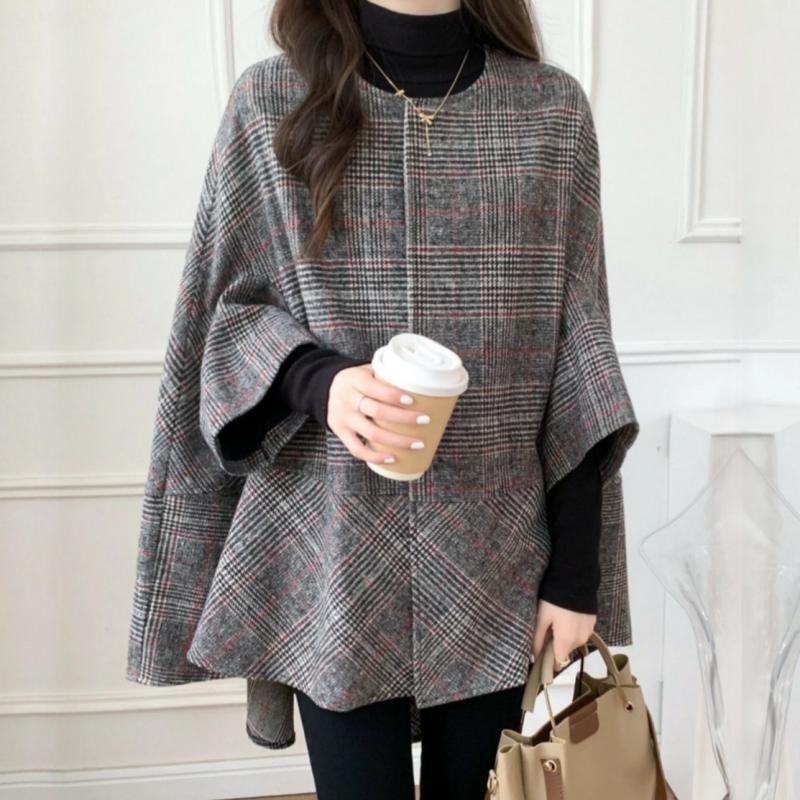 

Модный шерстяной кардиган-плащ свободного кроя средней длины с круглым вырезом RED CHECK Free size