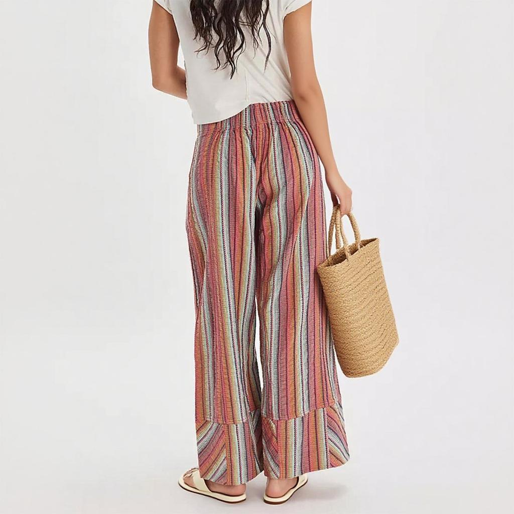 Women's Striped Wide Leg Palazzo Pants Elastic High Waisted Baggy Loose Long Trousers