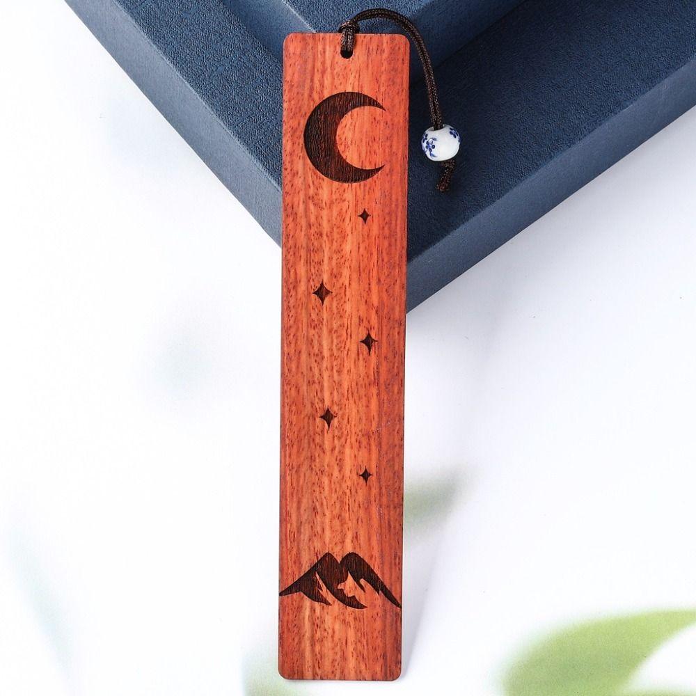 High Quality Chinese Style Bookmark Sandalwood Carving Wooden Book Mark Sun Moon Starry Mountain Book Clip Students Teachers