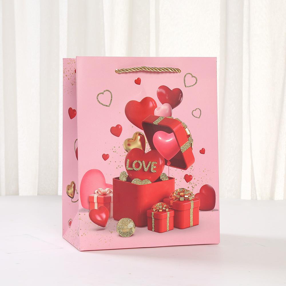 12pcs Valentines Day Gift Tote Bags Pink Hearts and Balloons Paper Present Bags Romantic Party Favor Shopping Bags