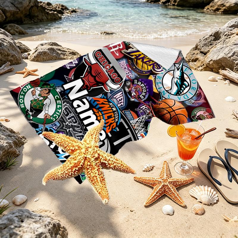 Custom Name Personalized NBA Print Beach Towel, for Trip Camping Beach Party Home Decor, Birthday Gift for Family & Friends