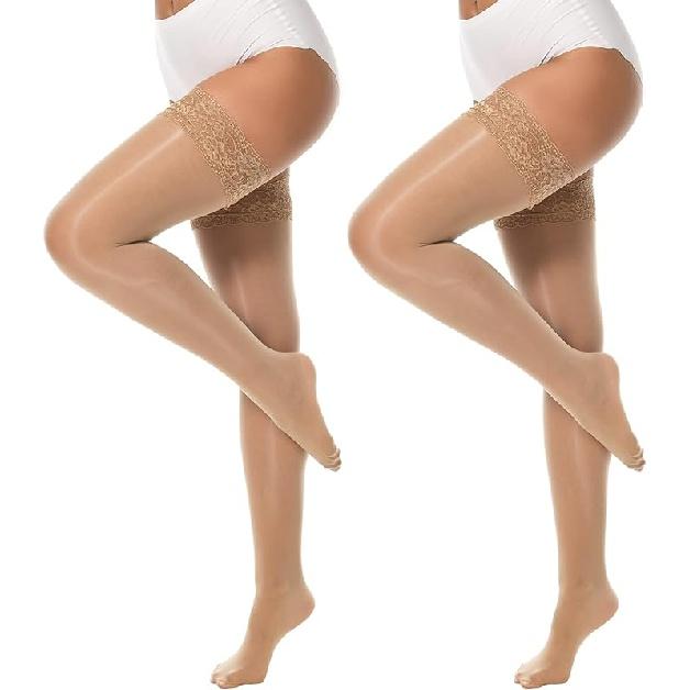 MANZI блестящие чулки выше колена, сексуальные кружевные топы, шелковые прозрачные чулки, блестящие женские леггинсы, 2 двойных упаковки Small-Medium естественный