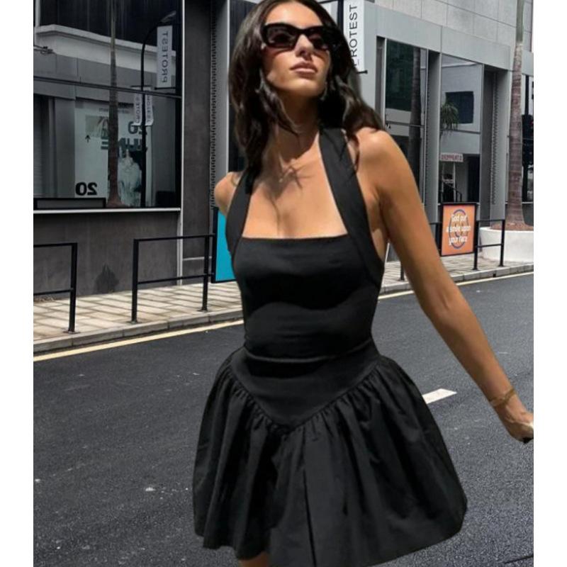 Summer Women's Solid Color Fashion Slim Fit Halter Backless Hot Girl A-line Mini Dress