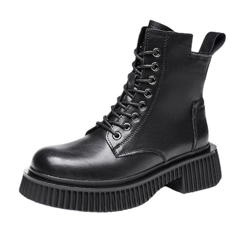 Новые зимние женские кожаные короткие ботинки на шнуровке с круглым носком и средней — фото 5