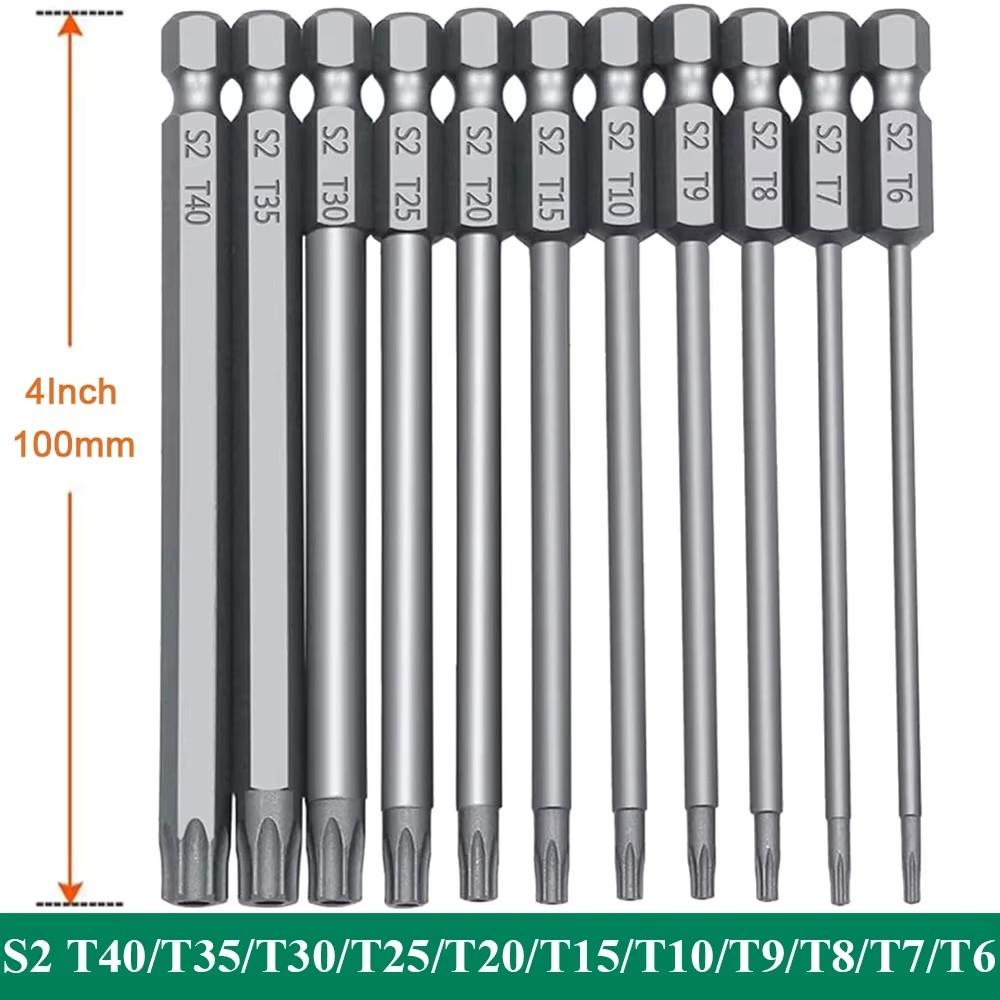11PCS Torx Head Screwdriver Bit Set Magnetic 1/4" Hex Shank S2 Steel 3 Inch Long Drill Bits Security Torx Bits T6-T40 50/100mm