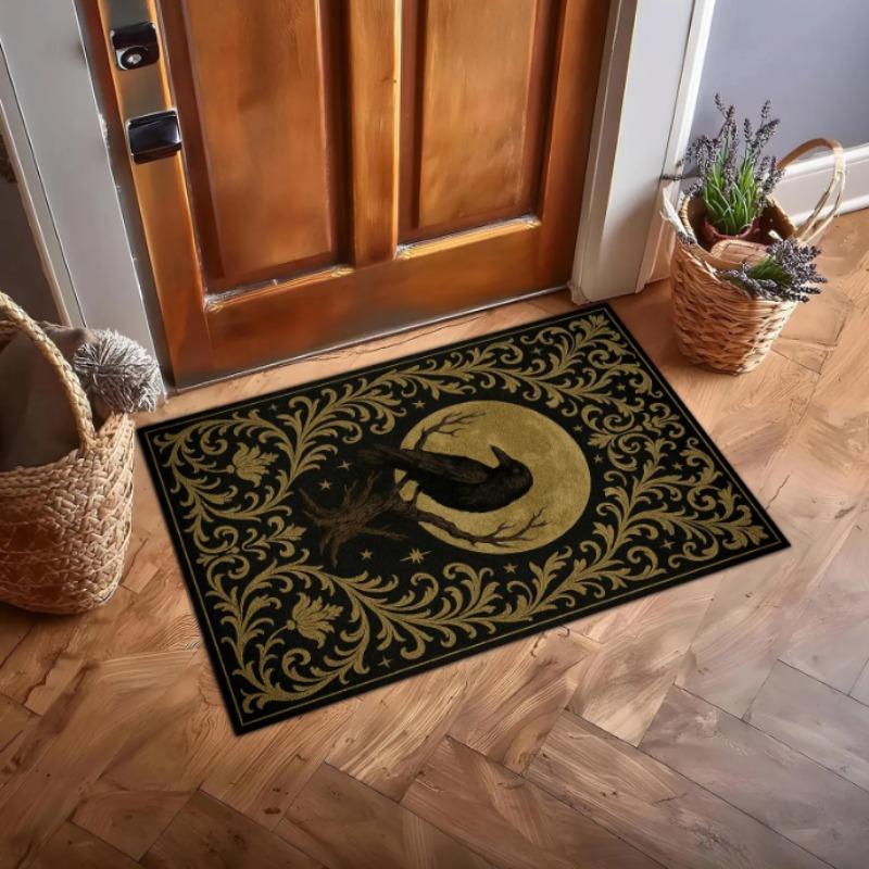 Raven Moon Gothic Rug Black Gold Baroque Rug Mysterious Crow Design for Elegant Dark Home Occult Decor Having Aesthetic Appeal