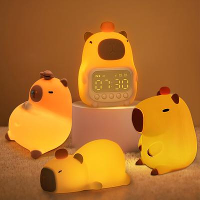 Luzes noturnas LED, lâmpada de silicone capivara fofa com relógio, temporizador recarregável por USB, decoração de quarto de cabeceira, luz noturna, presente de aniversário para crianças