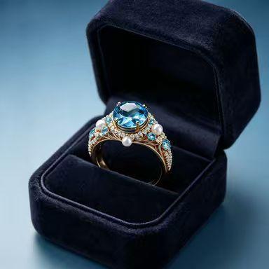 New European and American, ring inlaid with sea blue zircon versatile Internet celebrity women's jewelry, fashionable small