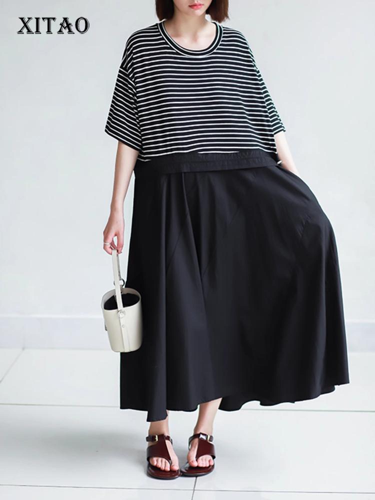 

XITAO Полосатые лоскутные платья с круглым вырезом и воротником-стойкой GJ1013