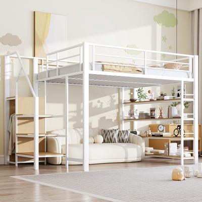 Cama Altillo 140*200, con Escalera de Seguridad, Almacenamiento y Armario Pequeño, Estantes, Diseño de Valla Alta, Cama Individual, Cama Juvenil, Blanco