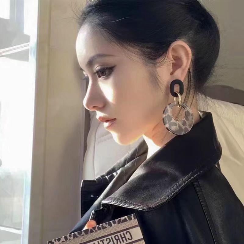 Zveličené Retro Náušnice s Geometrickým Kruhem a Leopardím Vzorem - Vysoce Módní pro Výrazný, Stylový Vzhled