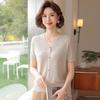 Elegant Lace Embroidery Knit Top - Short-Sleeved Ice Silk Blouse for Middle-Aged Women