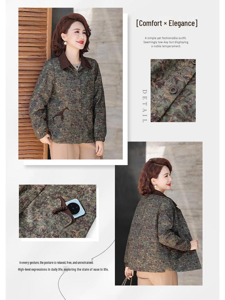 Mom's Jacquard Lapel Trench Coat - Stylish Outerwear for Middle-Aged Women
