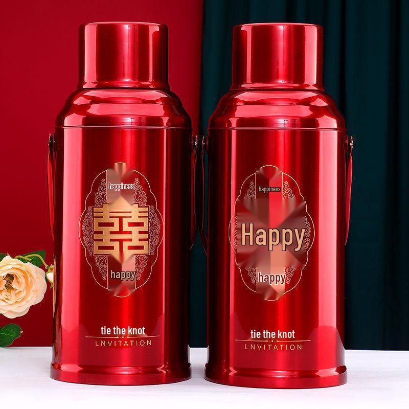 Wedding Dowry Red Thermos Flask Pair - Hot Water Bottle for Household Use