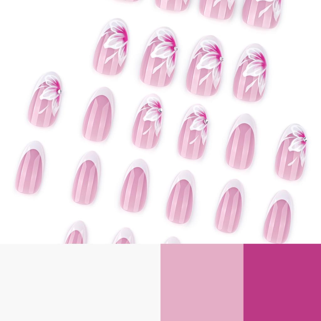 Summer Fresh and Gentle Flowers Wear Nail French White Almond Nail Piece Press On Nails