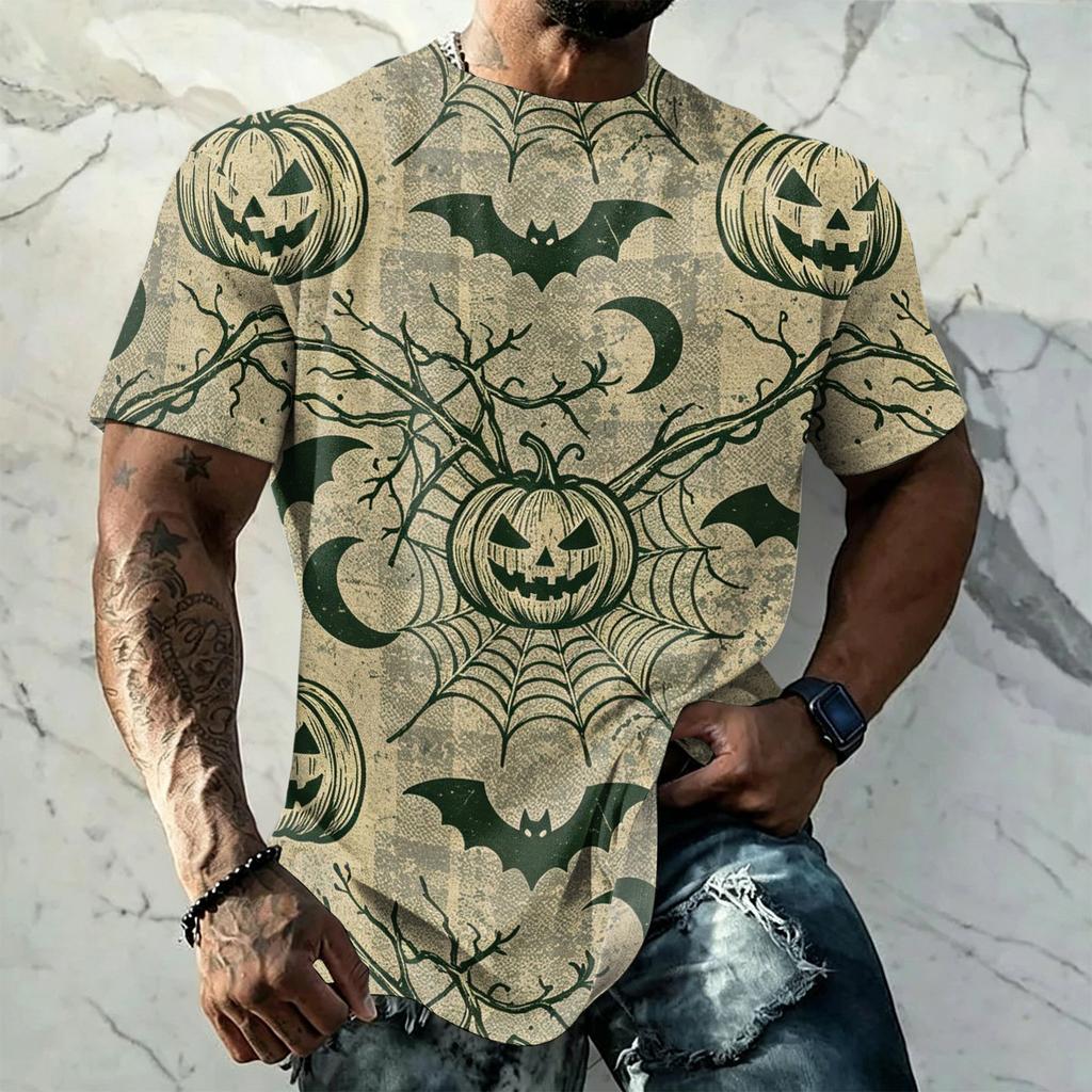Men's Halloween Vintage Short Sleeve T Shirt Loose Breathable Summer Sports Streetwear Casual Everyday Top with Bat and Spider Web Print