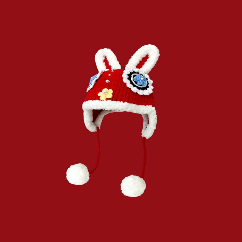 Handmade Crochet Rabbit Tiger Head Hat Men Women Chinese New Year Lion Dance Earflap Bomber Winter Thick Ski Cap for Kids Warm Gift