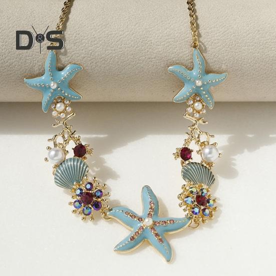 Exaggerated Women Necklace Ocean Theme Starfish Coral Shell Hollow Out Faux Pearl Rhinestone Decor Adjustable Length Lady Vacation Beach Neck Jewelry