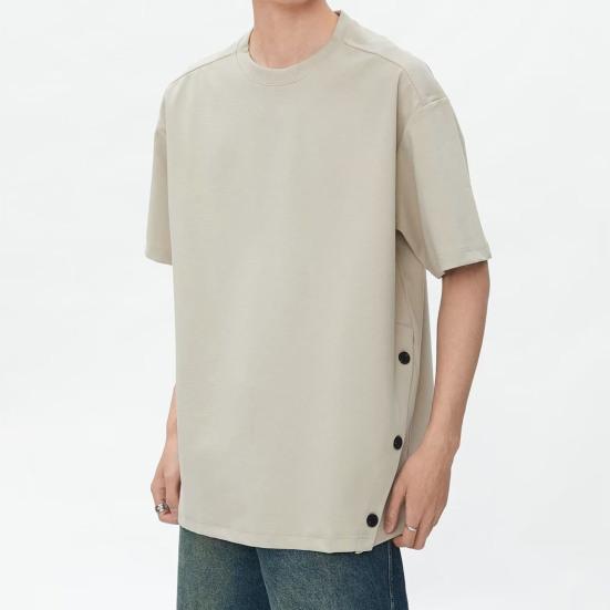 Men T-shirt Round Neck Short Sleeve Casual Tops with Buttoned Hem Soft Lightweight Pullover Tops Home Gym Street Wear