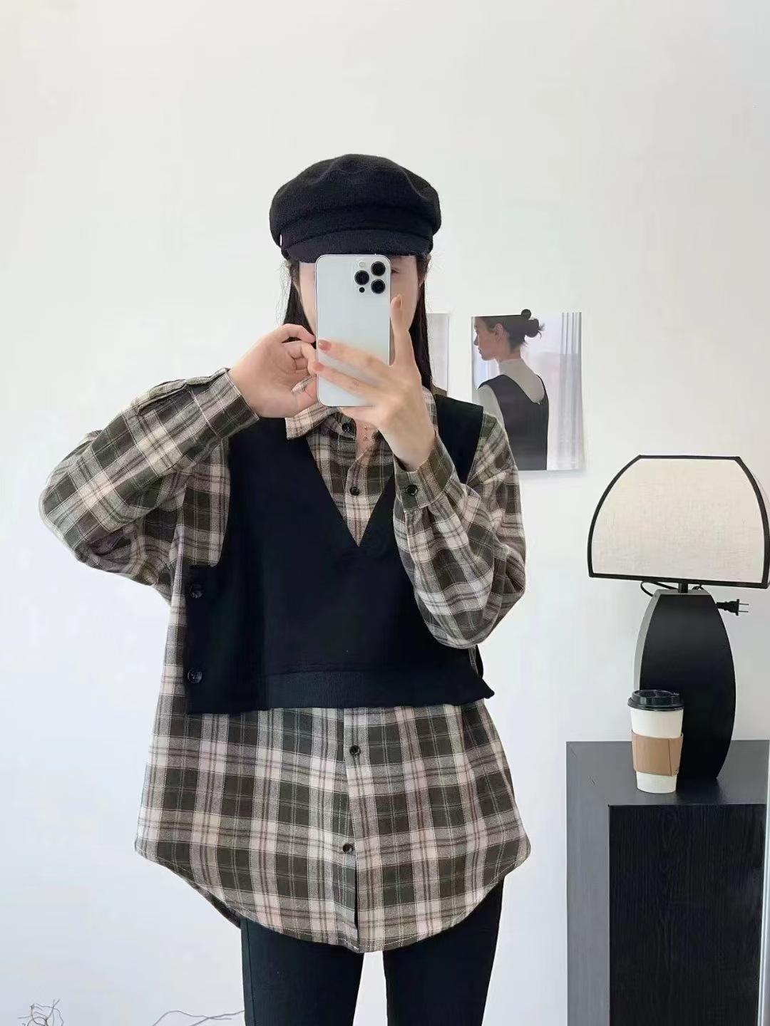 

Женский клетчатый комплект-двойка большого размера: Рубашка с длинным рукавом и жилет из матовой ткани, средней длины, свободного кроя (Весна/Осень 2025) Medium