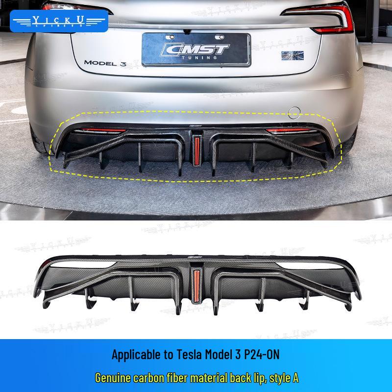 Upgrade your Tesla Model 3 P with CMST carbon fiber front lip with lights, rear lip, air intakes, and side skirts.