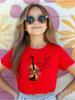 Kids Crew Neck White Tee Vintage Violin And Floating Music Staff Graphic Print Girls Daily Fashion Short Sleeve Casual T Shirt