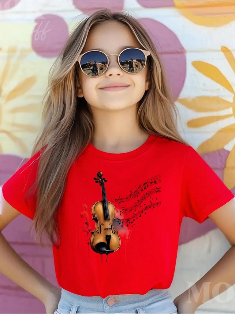 Kids Crew Neck White Tee Vintage Violin And Floating Music Staff Graphic Print Girls Daily Fashion Short Sleeve Casual T Shirt
