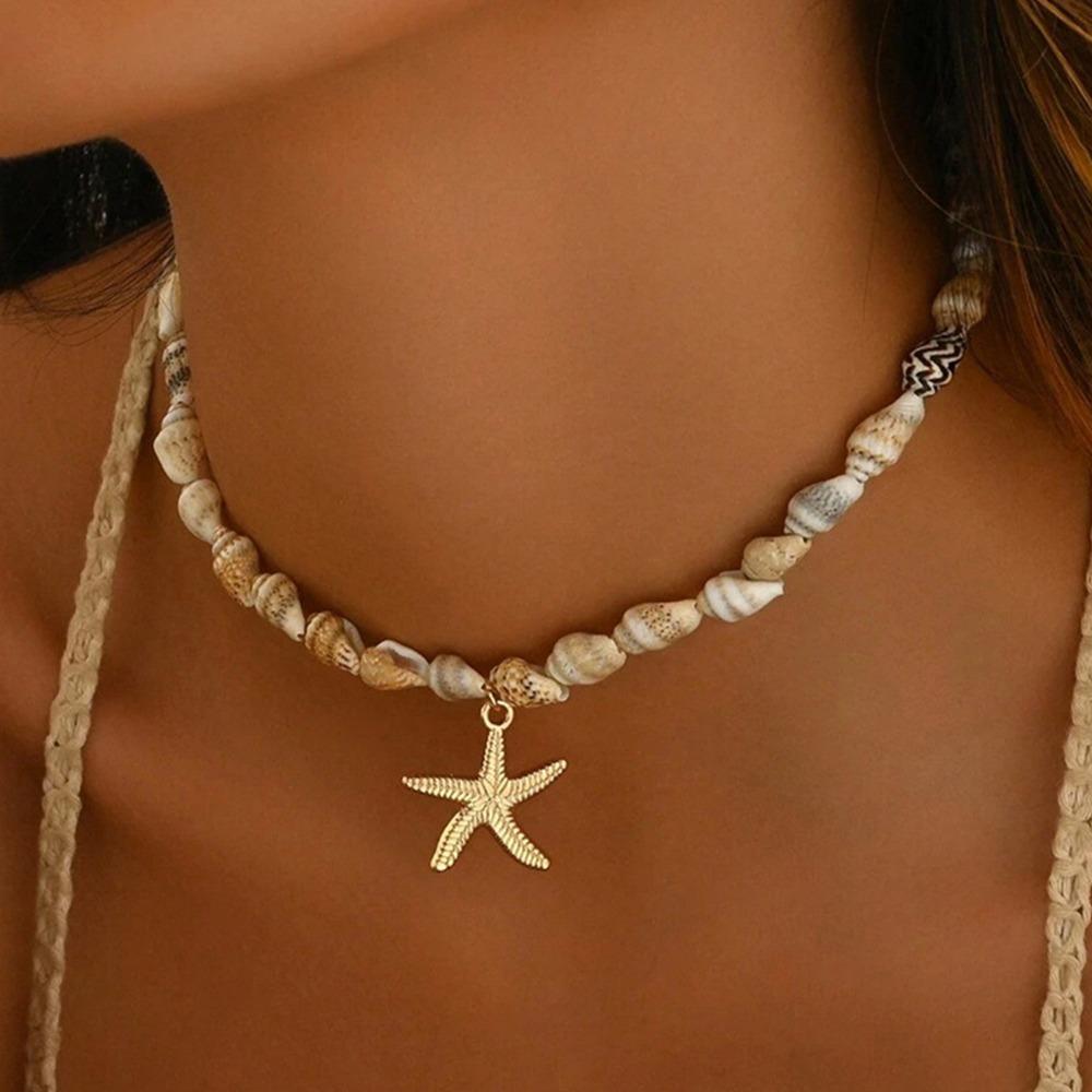 Natural Conch Pendant Necklace Ocean Style Starfish Necklace Summer Beaded Choker  for Women