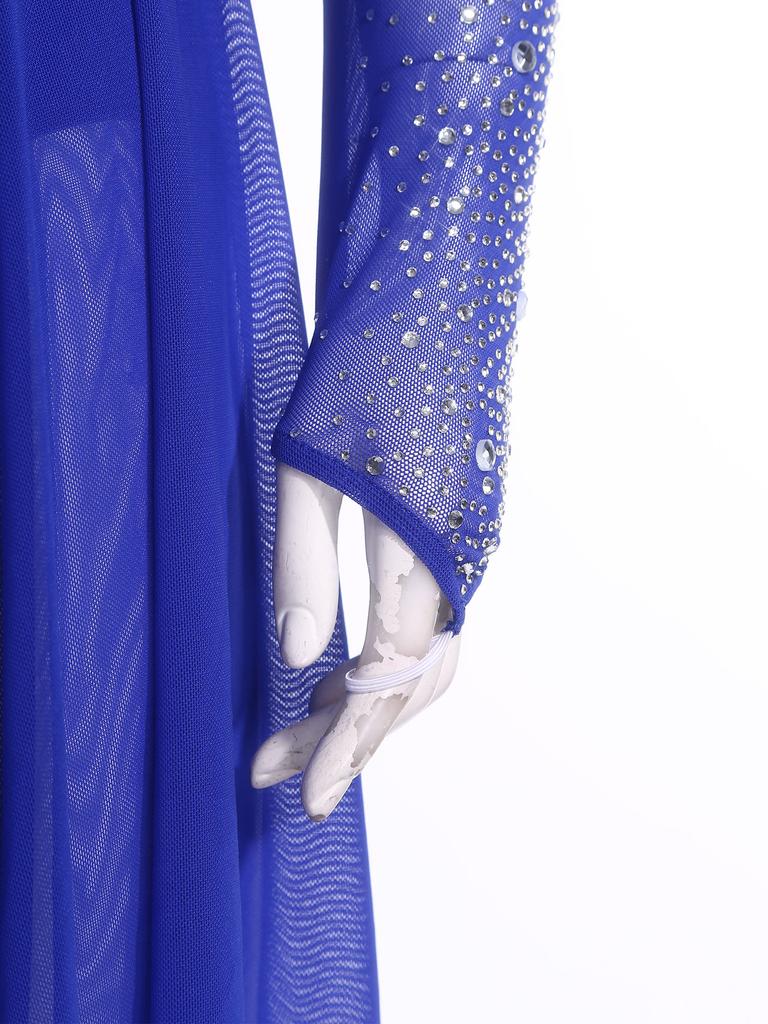 Women's Latin Dance Costume S-XXL: Asymmetrical Halter Top with Single Sleeve & Stappy Back + Rhinestone Mesh Hem Shorts