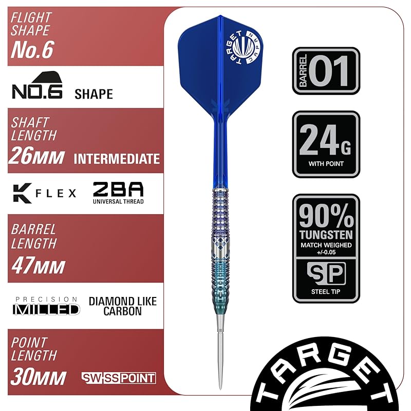 Target Japan CHARIS G5 Kathy Leung Player 90% Tungsten K-Flex Steel Tip Darts Set, 22G, No. 6 Shape, Flights and Shafts, SWISS SILVER NANO POINT 30mm