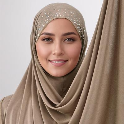 Muslim Rhinestone Cotton Jersey Instant Hijab Scarf For Woman Hijab Plain Shawl Wraps Irregular Ready To Wear Headband Scarves